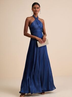 Lulus Canley Blue Satin Cross-front Halter Maxi Dress - Size L